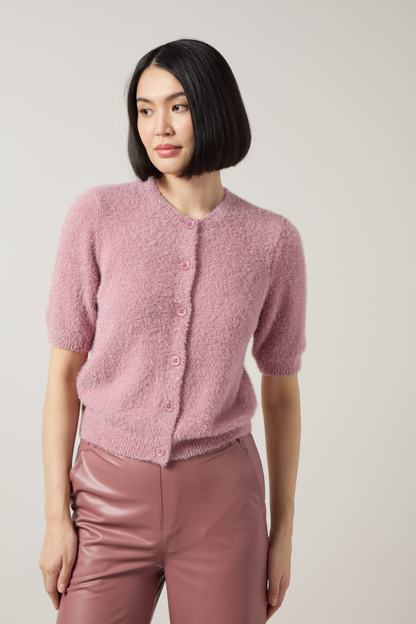 Lysse Opalite Short Sleeve Lurex Feather Cardigan Antique Rose Lurex