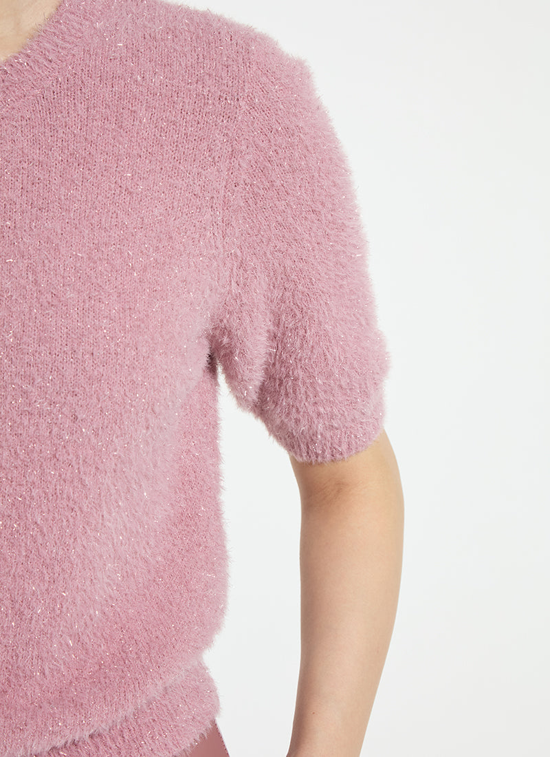 Lysse Opalite Short Sleeve Lurex Feather Cardigan Antique Rose Lurex