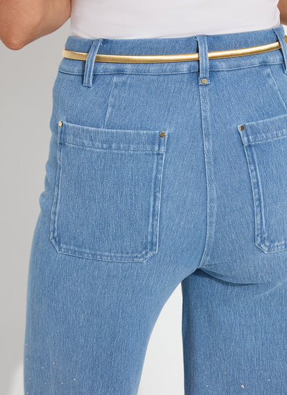 Lysse Erin Crystal Embellished Wide Leg Denim (28" Inseam) Bleached Blue