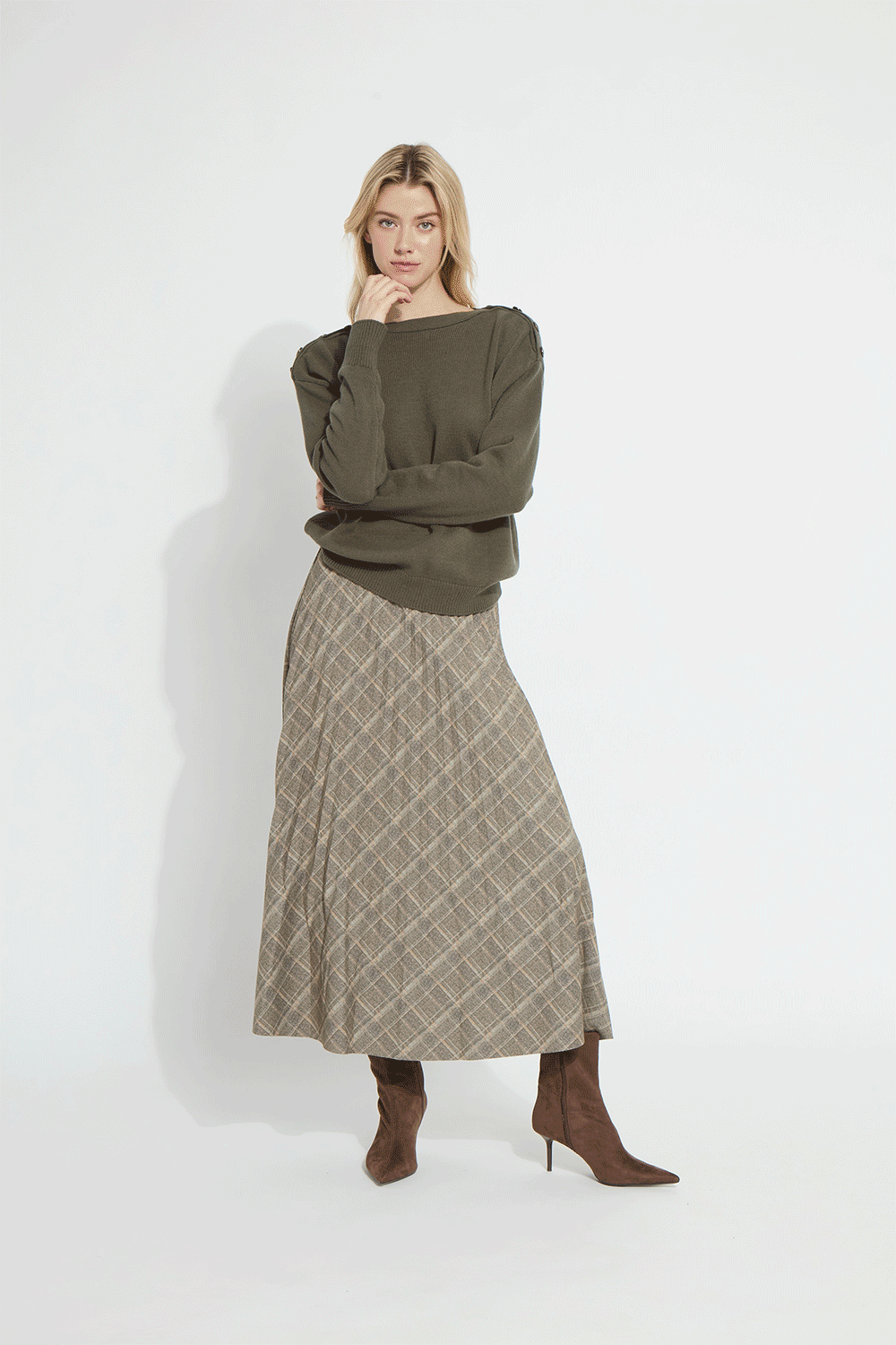 Lysse Sabrina Ponte Pleated Midi Skirt Smoked Green Plaid
