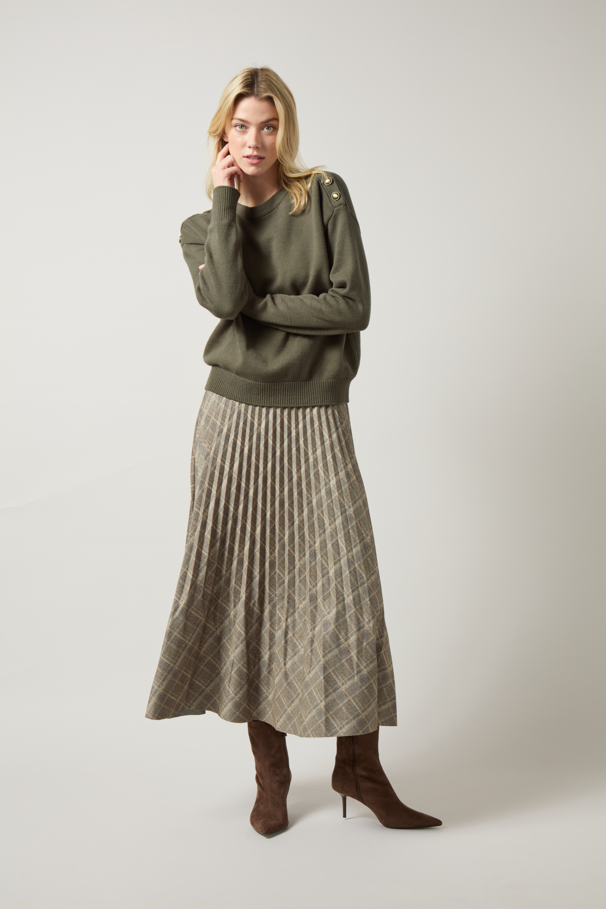 Lysse Sabrina Ponte Pleated Midi Skirt Smoked Green Plaid