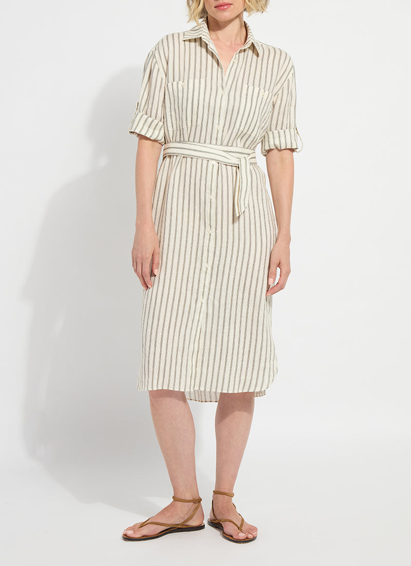 Lysse Juniper Linen Tunic Shirt Dress Olive Grove Stripe