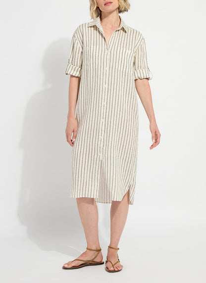 Lysse Juniper Linen Tunic Shirt Dress Olive Grove Stripe