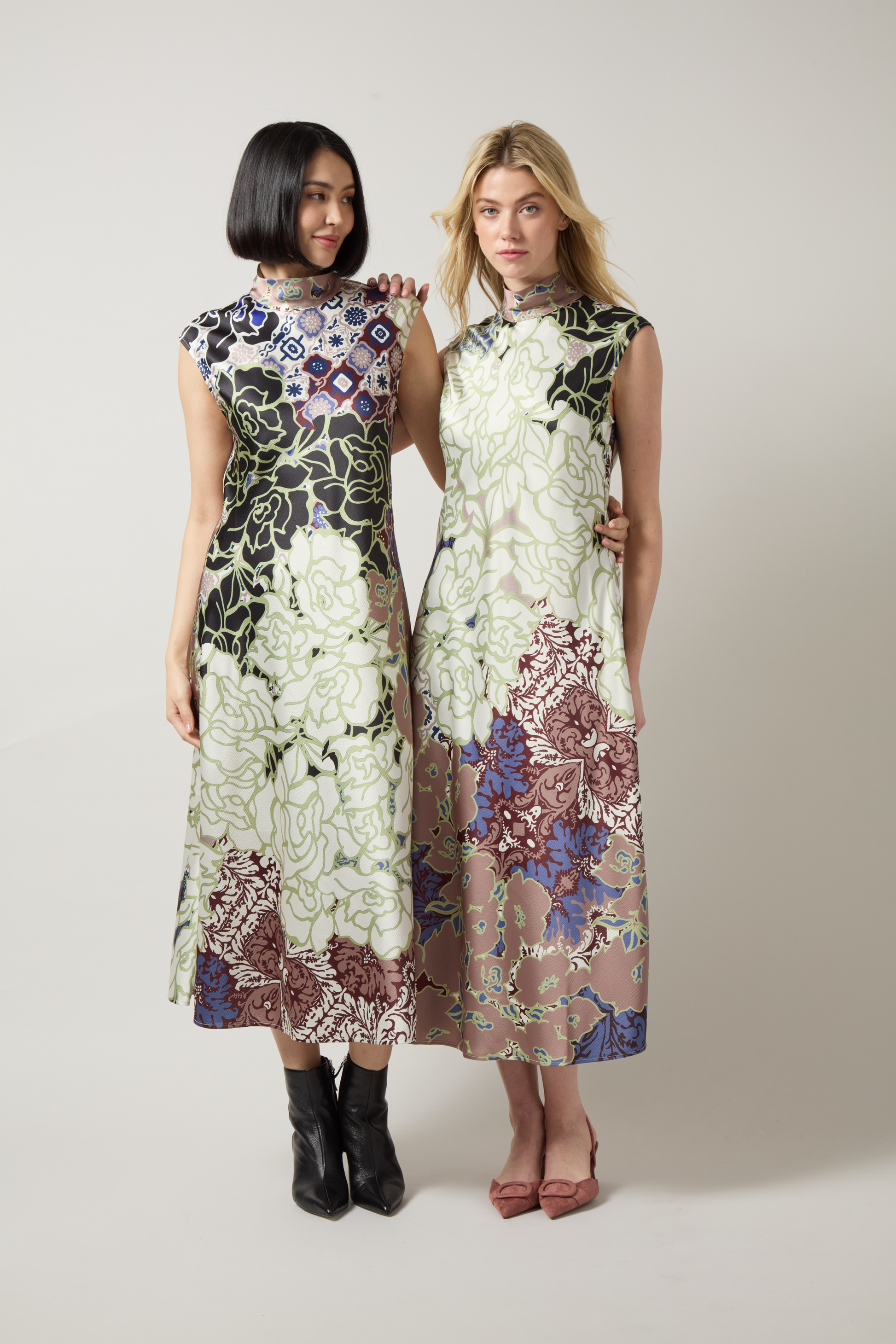 Lysse Flora Mock Neck Bias Cut Midi Dress Antique Garden
