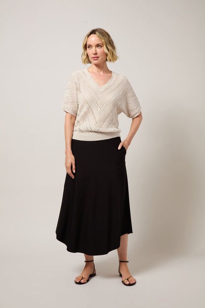 Lysse Drapey Ponte A-Line Midi Skirt Black
