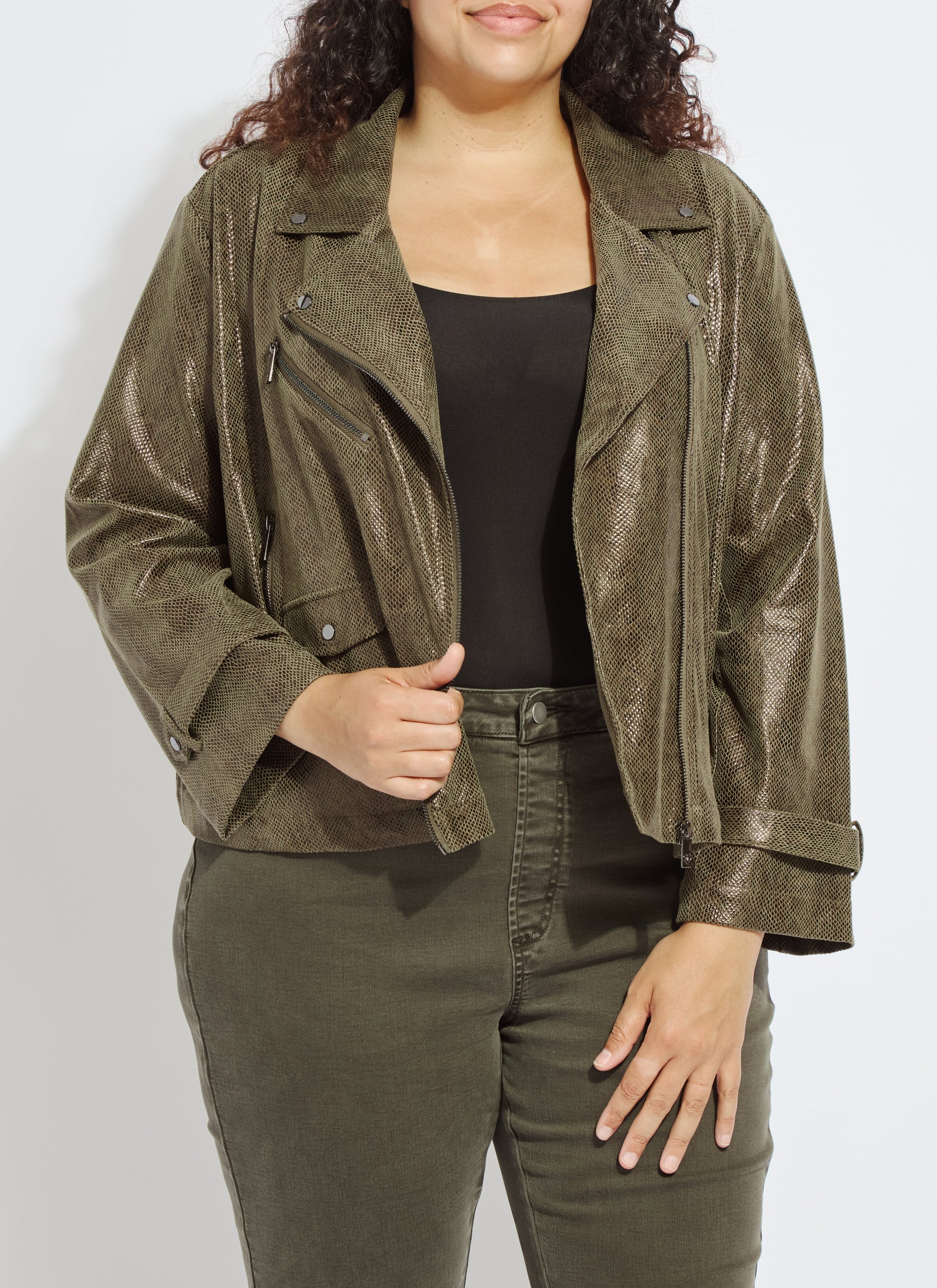 Lysse Emory Vegan Suede Moto Jacket Curvy Woodland Snake