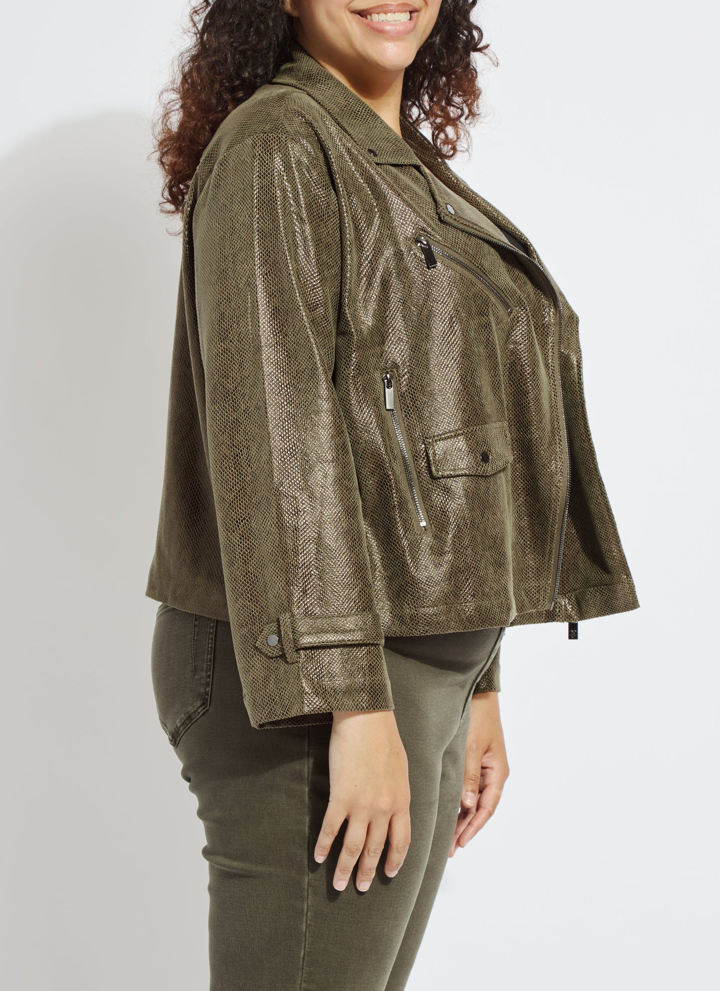 Lysse Emory Vegan Suede Moto Jacket Curvy Woodland Snake