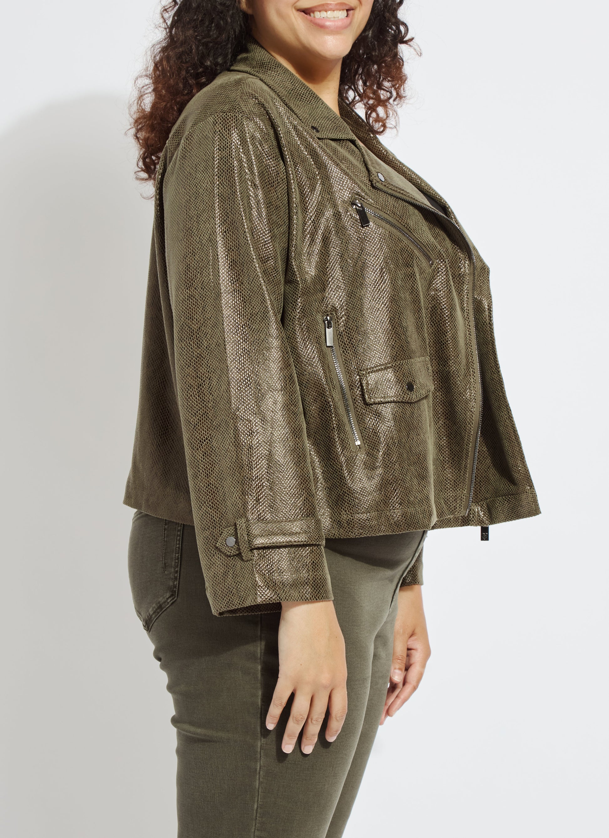 Lysse Emory Vegan Suede Moto Jacket Curvy Woodland Snake