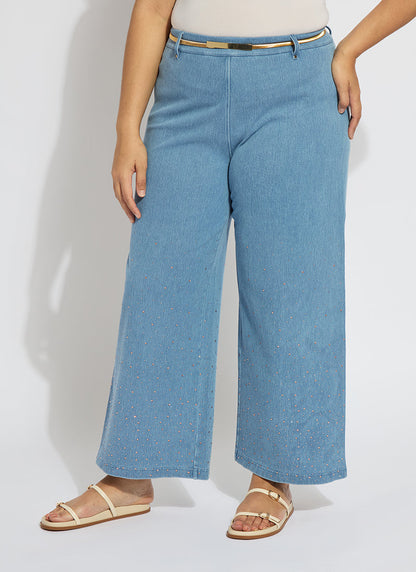 Lysse Erin Crystal Embellished Wide Leg Denim Curvy (28" Inseam) Bleached Blue
