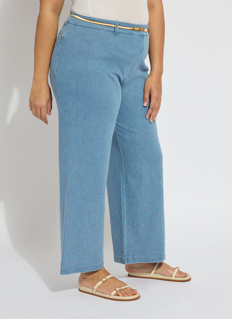 Lysse Erin Crystal Embellished Wide Leg Denim Curvy (28" Inseam) Bleached Blue