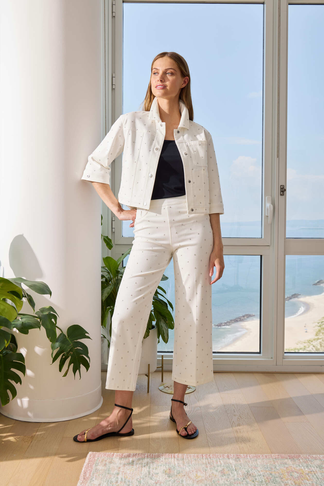 Lysse Audrey Pearled Embellished Crop Denim (26" Inseam) Ecru White