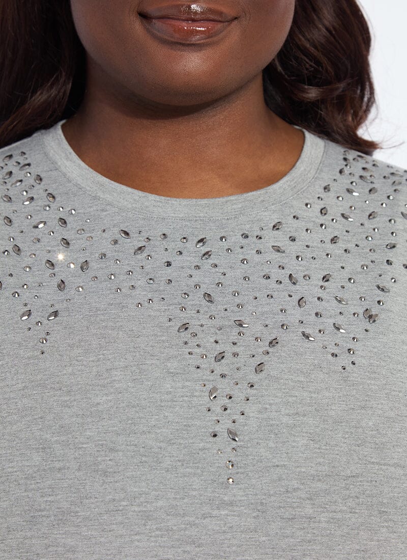 Lysse Malva Embellished Crew Neck Top Curvy Dark Heather Grey