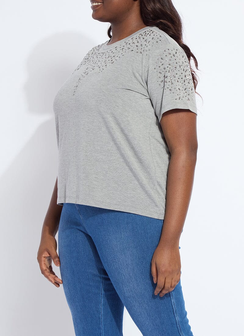 Lysse Malva Embellished Crew Neck Top Curvy Dark Heather Grey