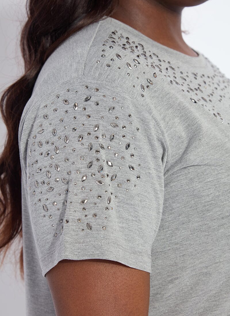 Lysse Malva Embellished Crew Neck Top Curvy Dark Heather Grey