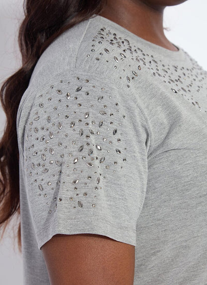 Lysse Malva Embellished Crew Neck Top Curvy Dark Heather Grey