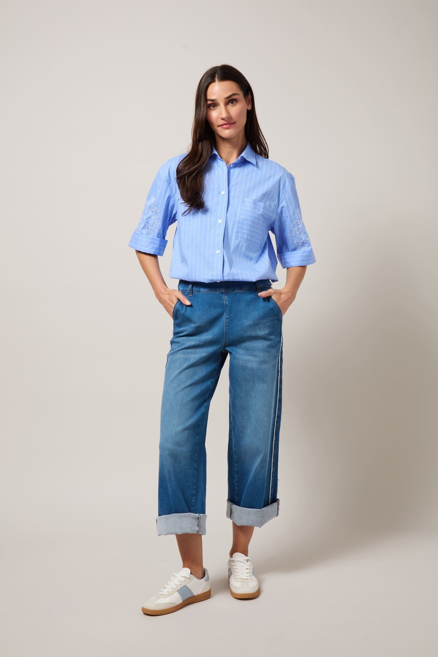 Lysse Hazel Stripe Embroidered Sleeve Shirt Re-Fresh Stripe