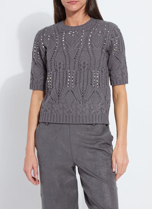 Lysse Hadley Cozy Short Sleeve Embellished Cable Sweater Grey Melange