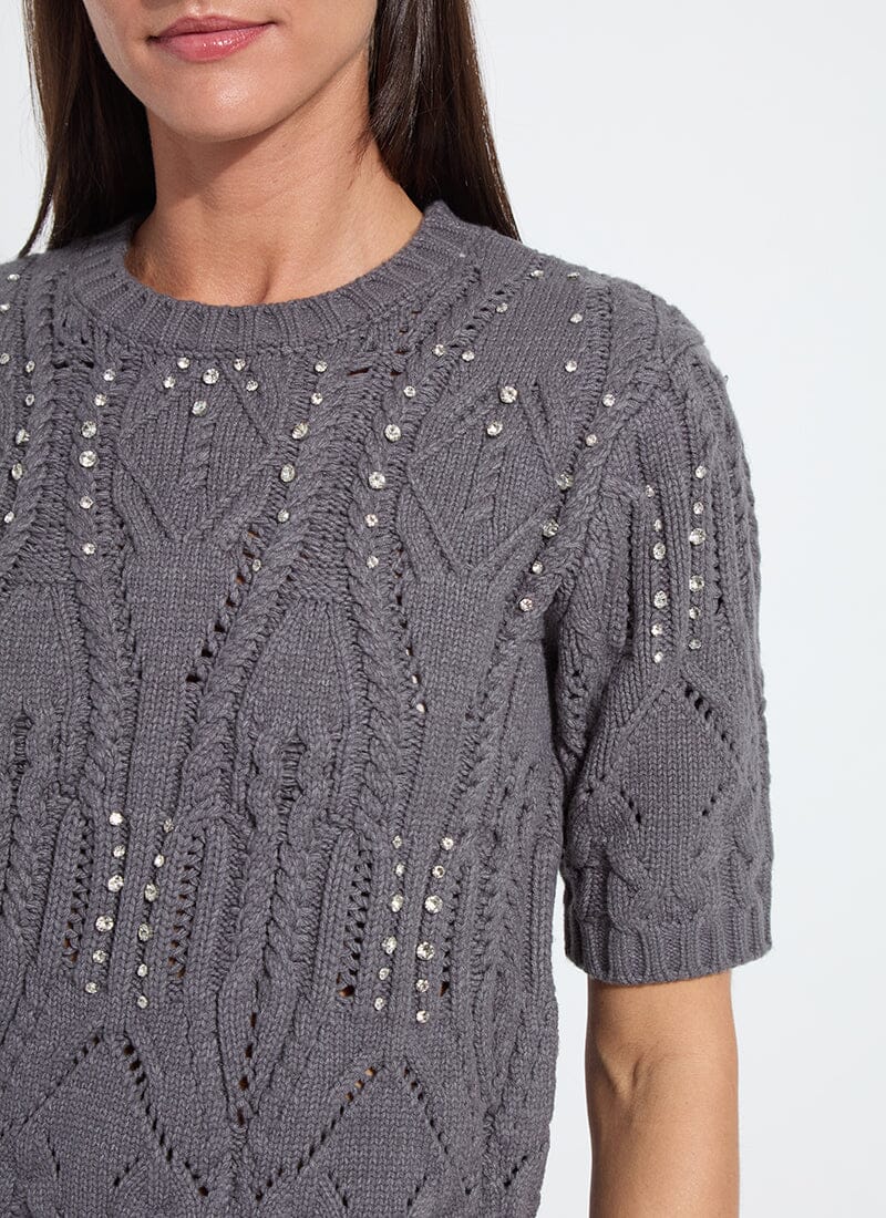Lysse Hadley Cozy Short Sleeve Embellished Cable Sweater Grey Melange