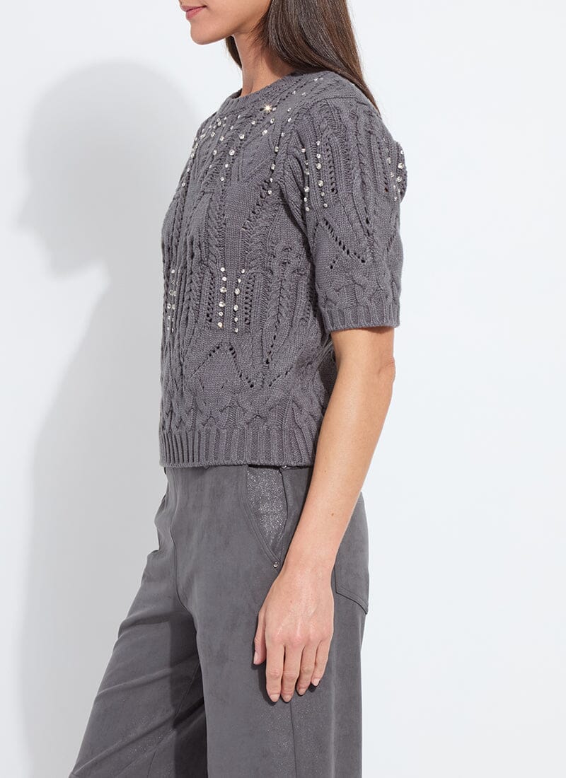 Lysse Hadley Cozy Short Sleeve Embellished Cable Sweater Grey Melange