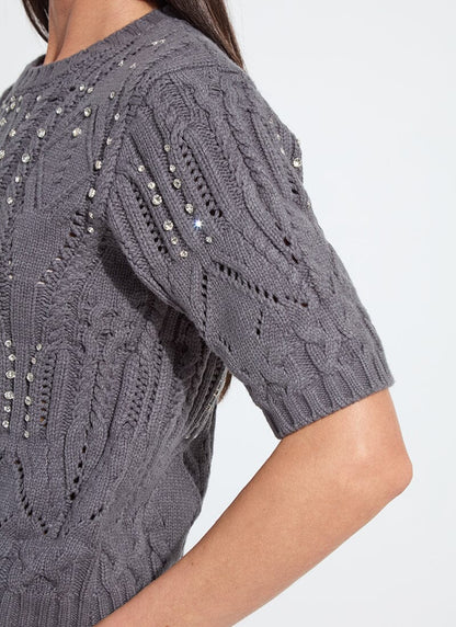 Lysse Hadley Cozy Short Sleeve Embellished Cable Sweater Grey Melange