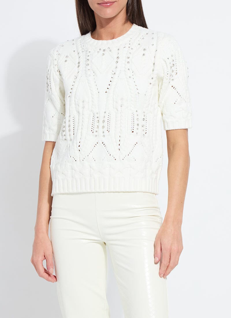 Lysse Hadley Cozy Short Sleeve Embellished Cable Sweater Grey Melange