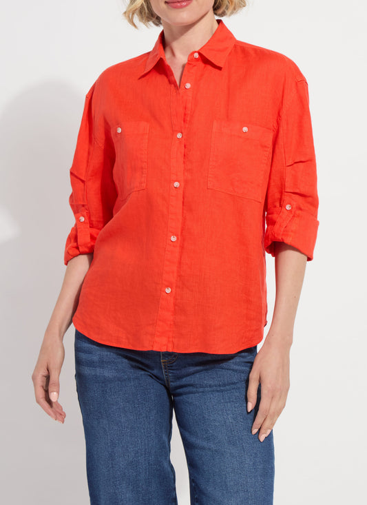 Lysse Rose Roll Tab Utility Linen Shirt Red Kiss