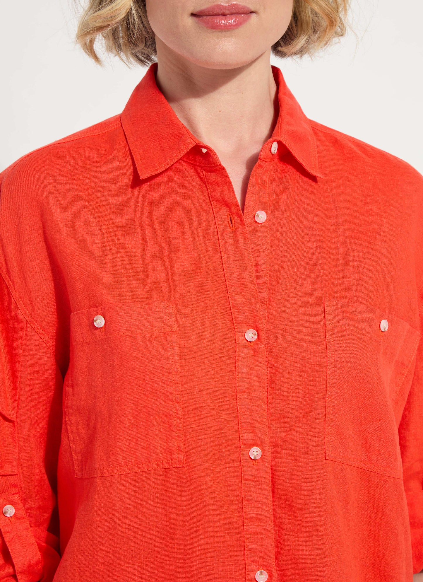 Lysse Rose Roll Tab Utility Linen Shirt Red Kiss