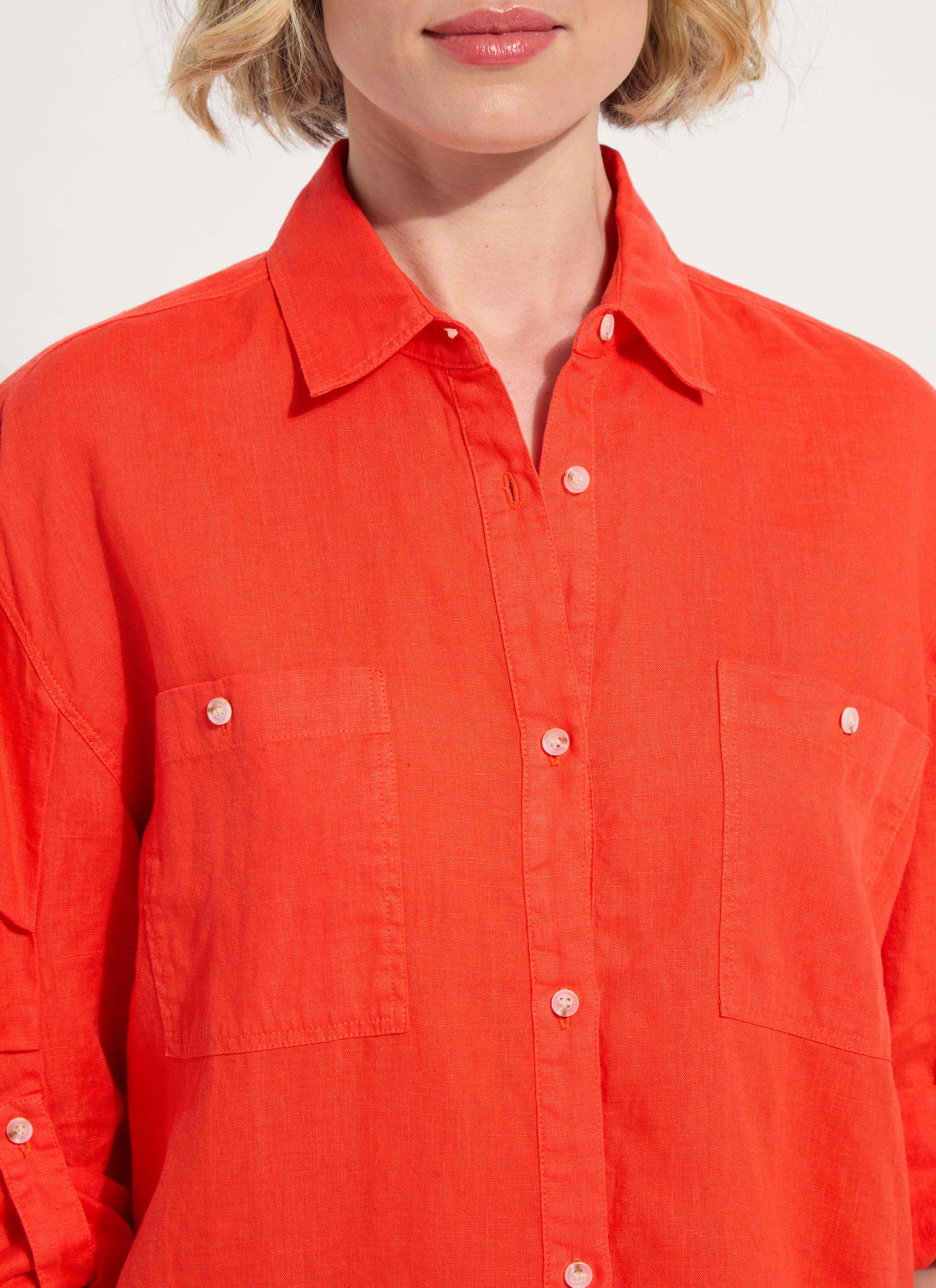 Lysse Rose Roll Tab Utility Linen Shirt Red Kiss