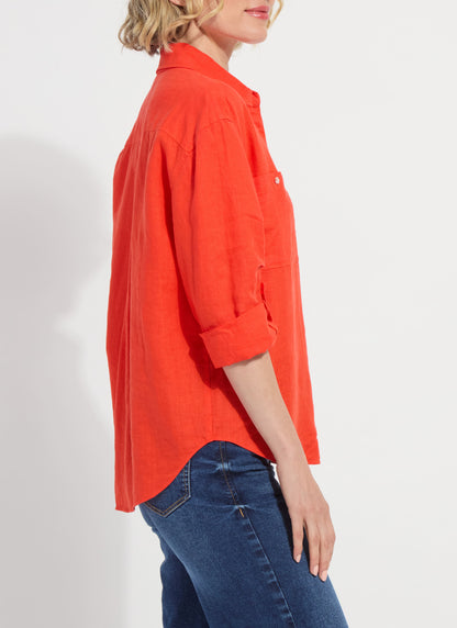 Lysse Rose Roll Tab Utility Linen Shirt Red Kiss