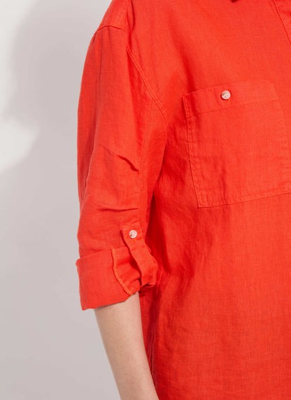 Lysse Rose Roll Tab Utility Linen Shirt Red Kiss