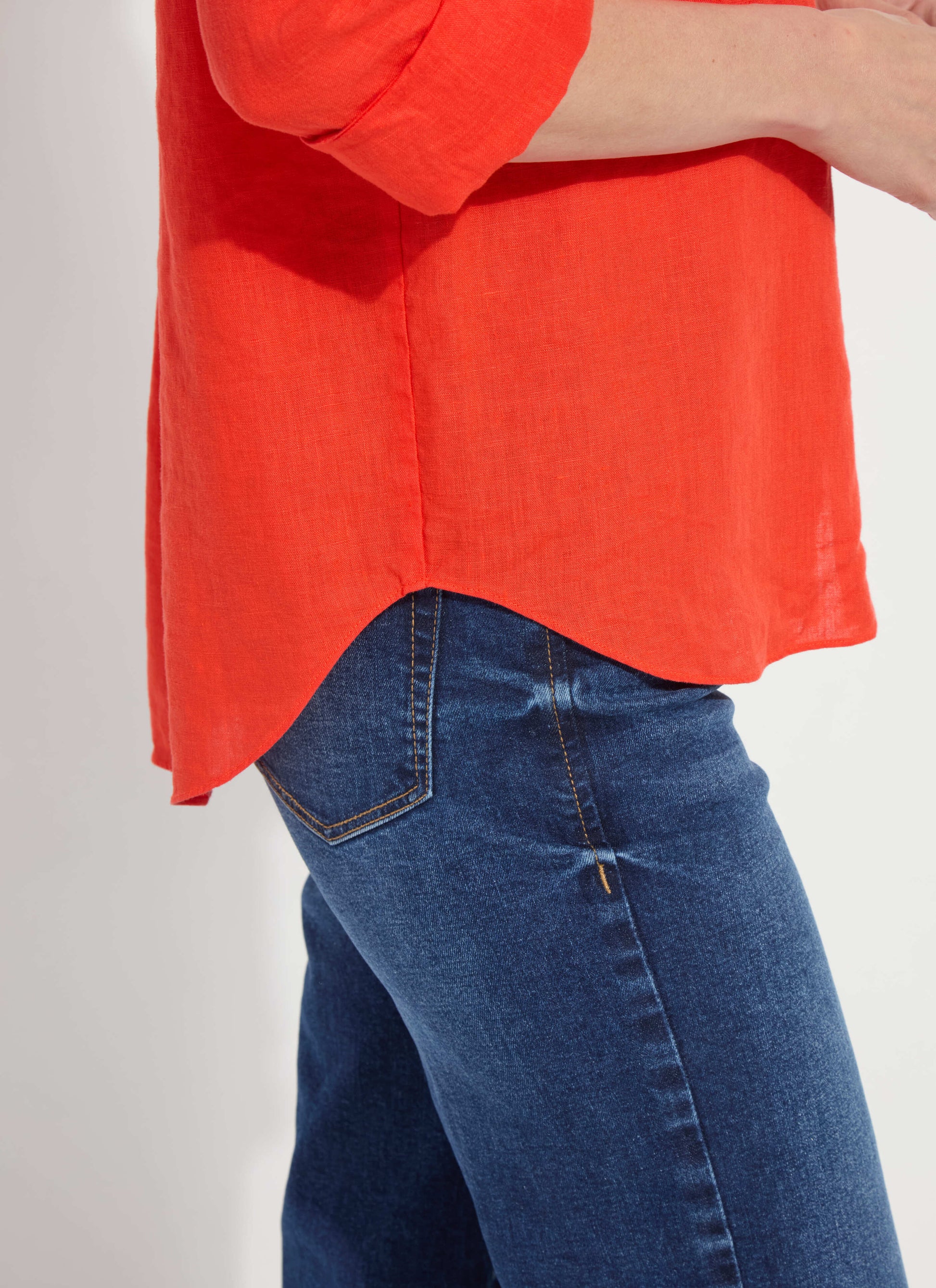 Lysse Rose Roll Tab Utility Linen Shirt Red Kiss