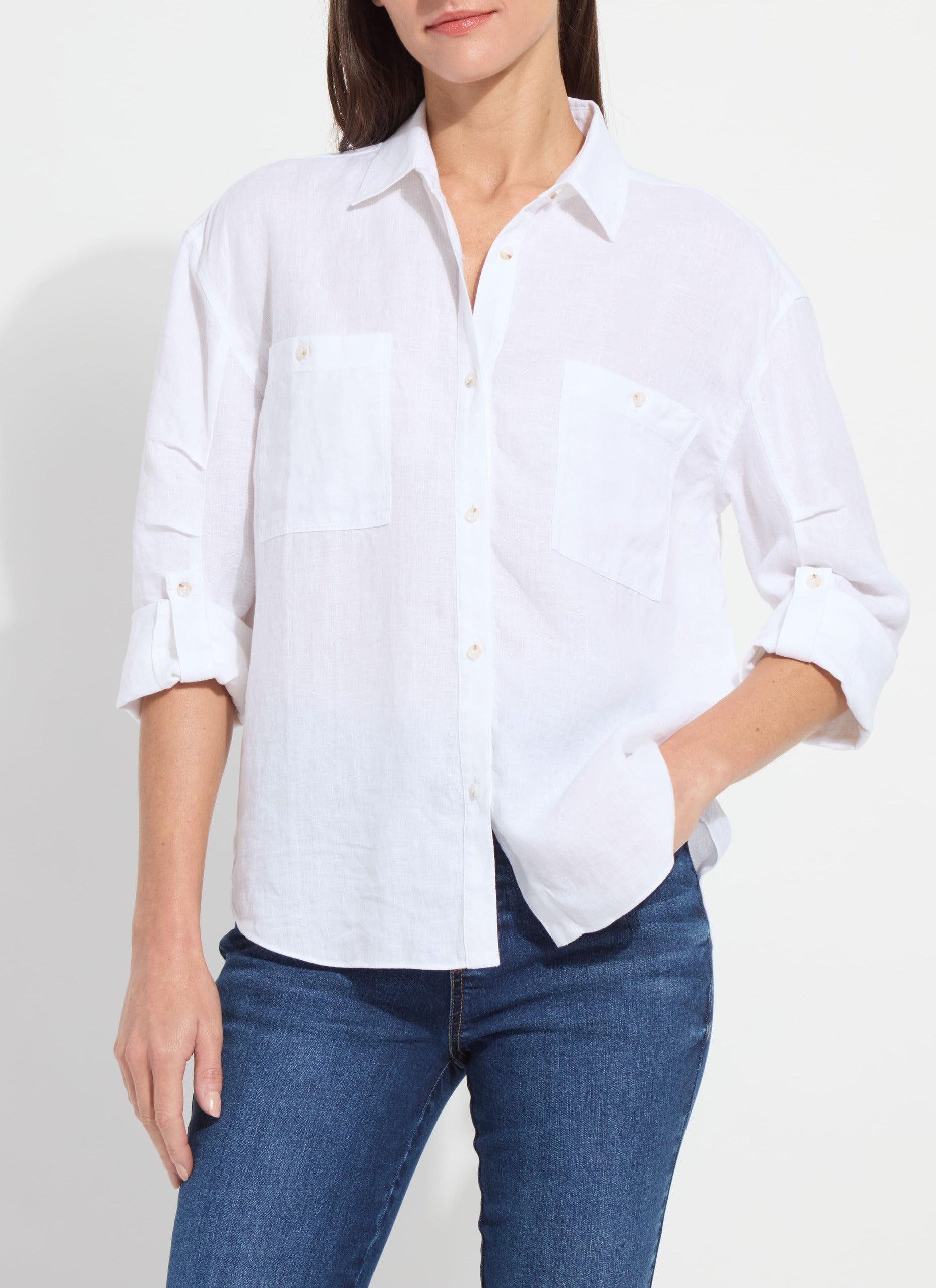 Lysse Rose Roll Tab Utility Linen Shirt Red Kiss