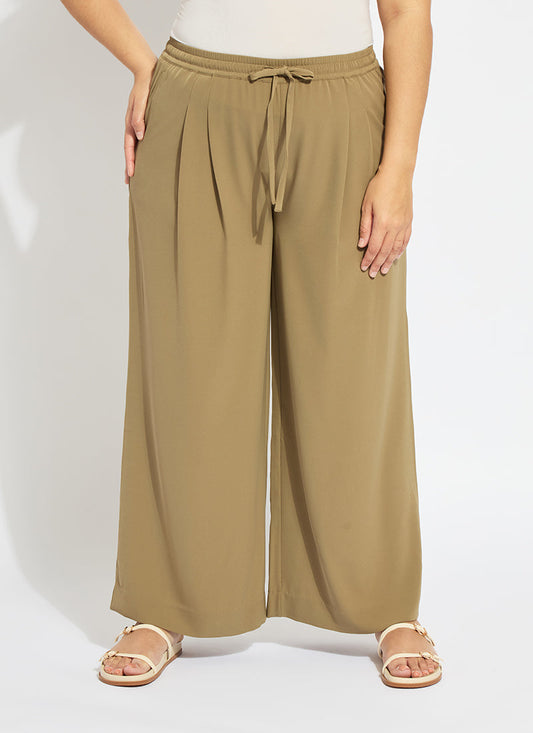 Lysse Mae Pleated Drawstring Wide Leg Pant Curvy (28" Inseam) Olive Leaf