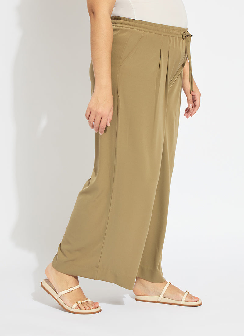 Lysse Mae Pleated Drawstring Wide Leg Pant Curvy (28" Inseam) Olive Leaf