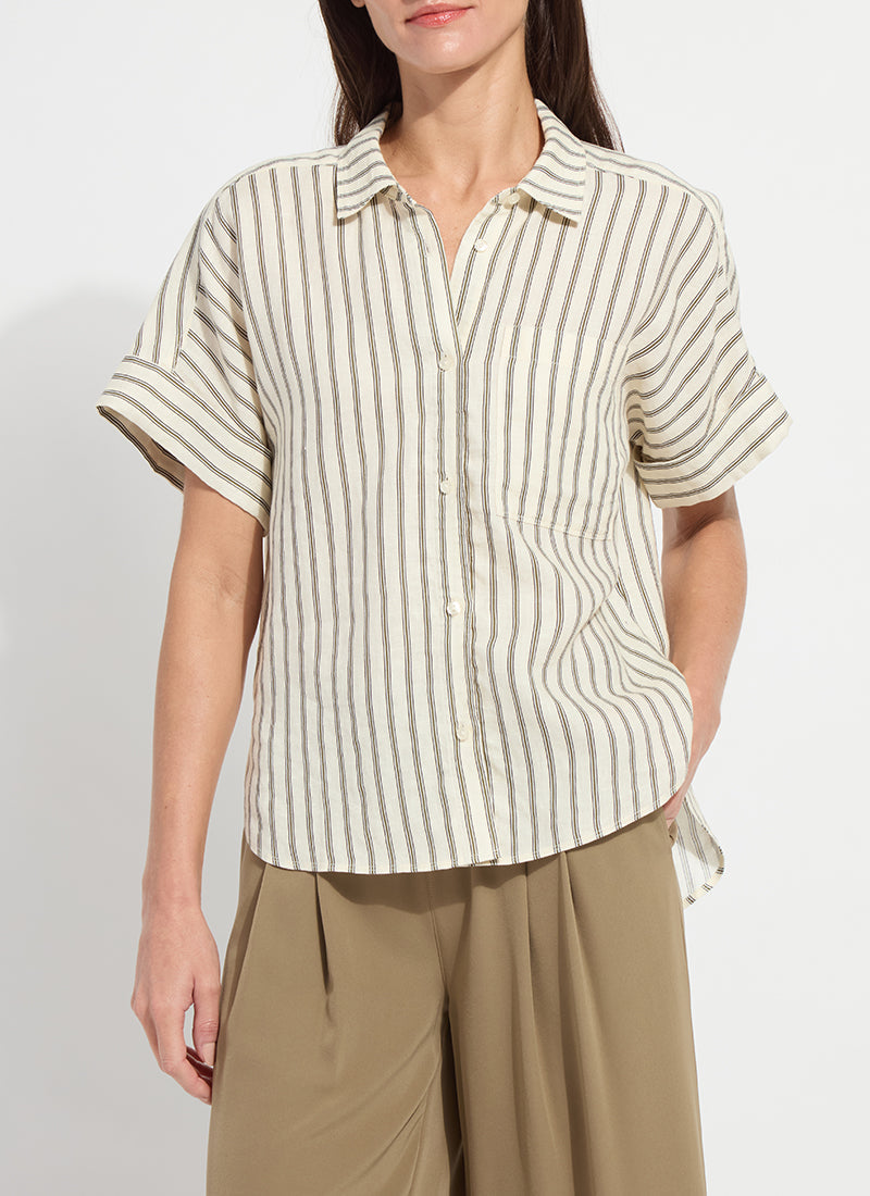 Lysse Adley Linen Boxy Shirt Olive Grove Stripe