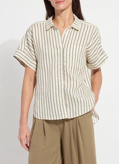 Lysse Adley Linen Boxy Shirt Olive Grove Stripe