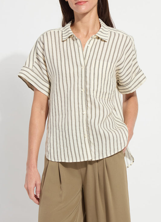 Lysse Adley Linen Boxy Shirt Olive Grove Stripe