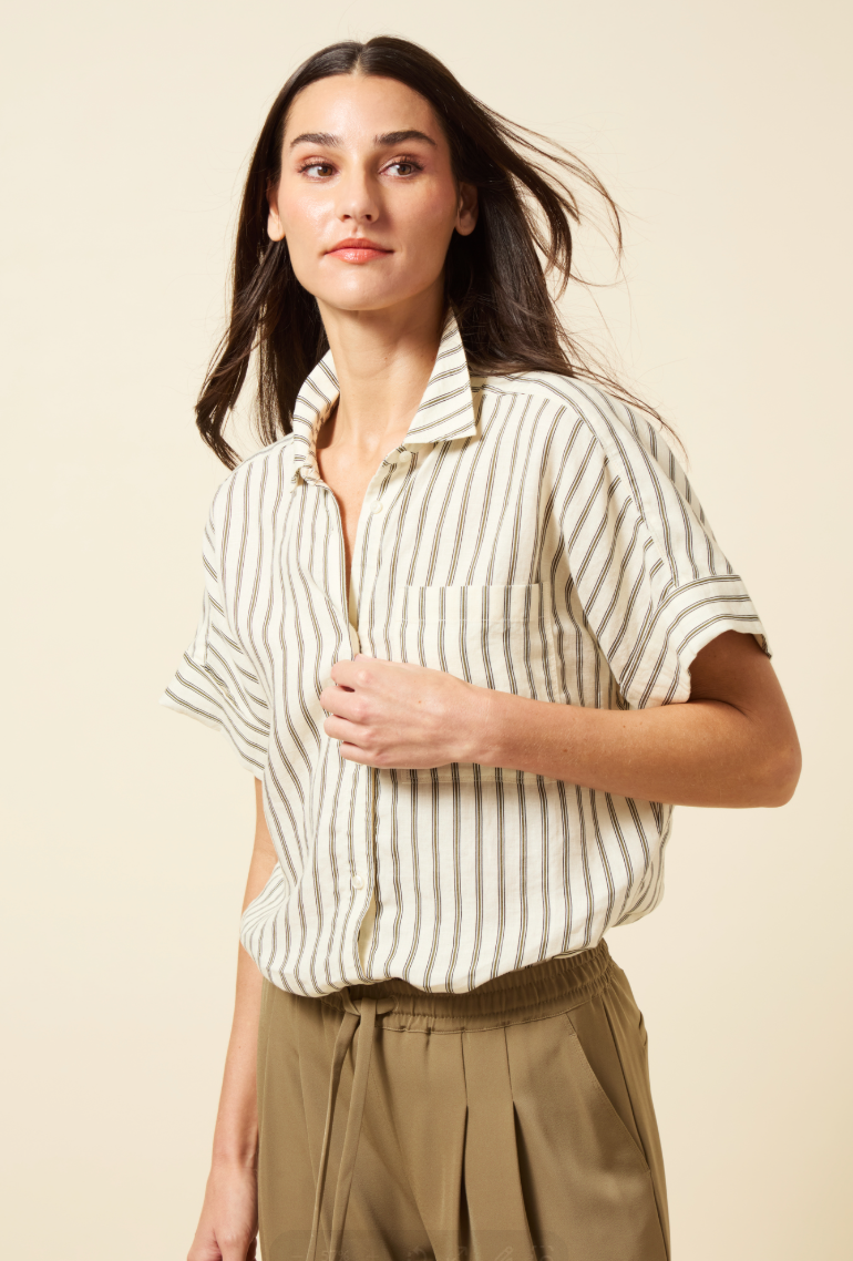 Lysse Adley Linen Boxy Shirt Olive Grove Stripe