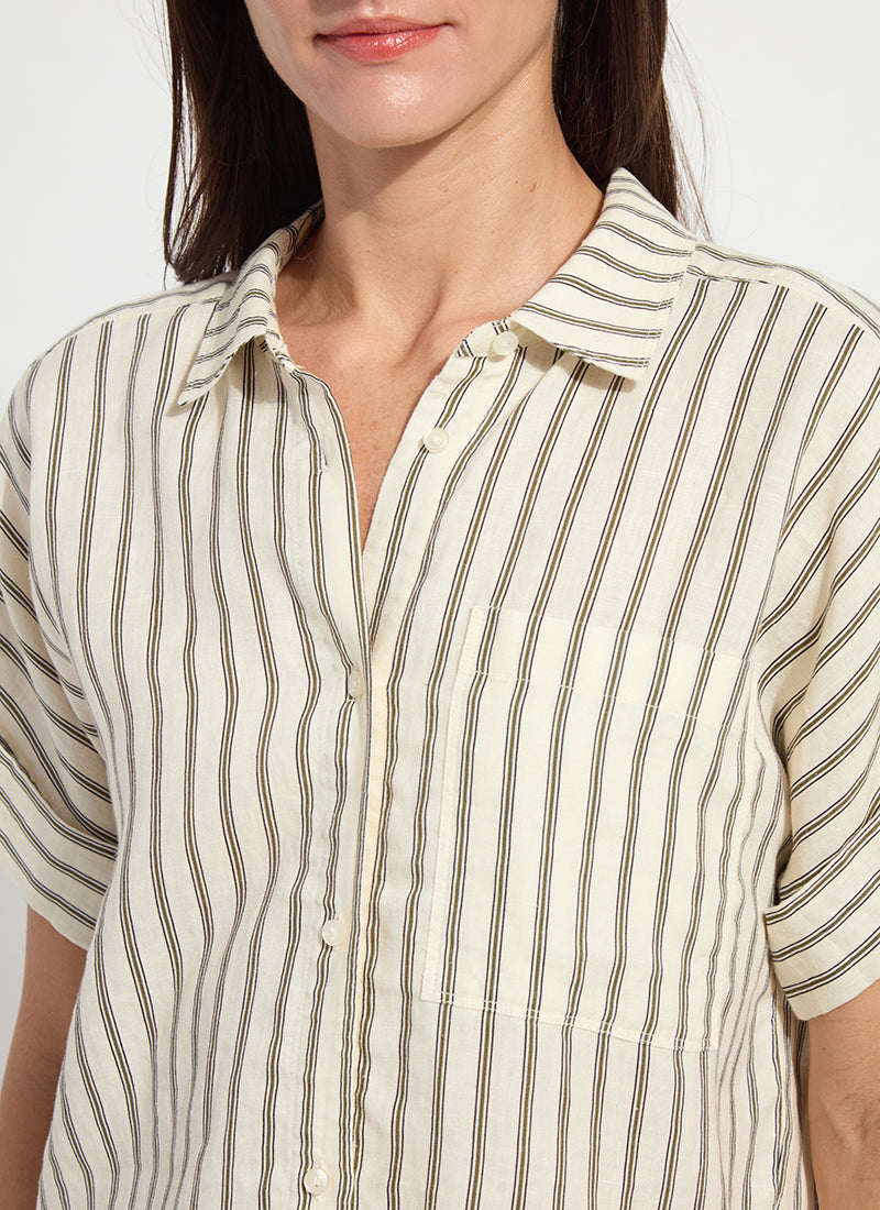 Lysse Adley Linen Boxy Shirt Olive Grove Stripe