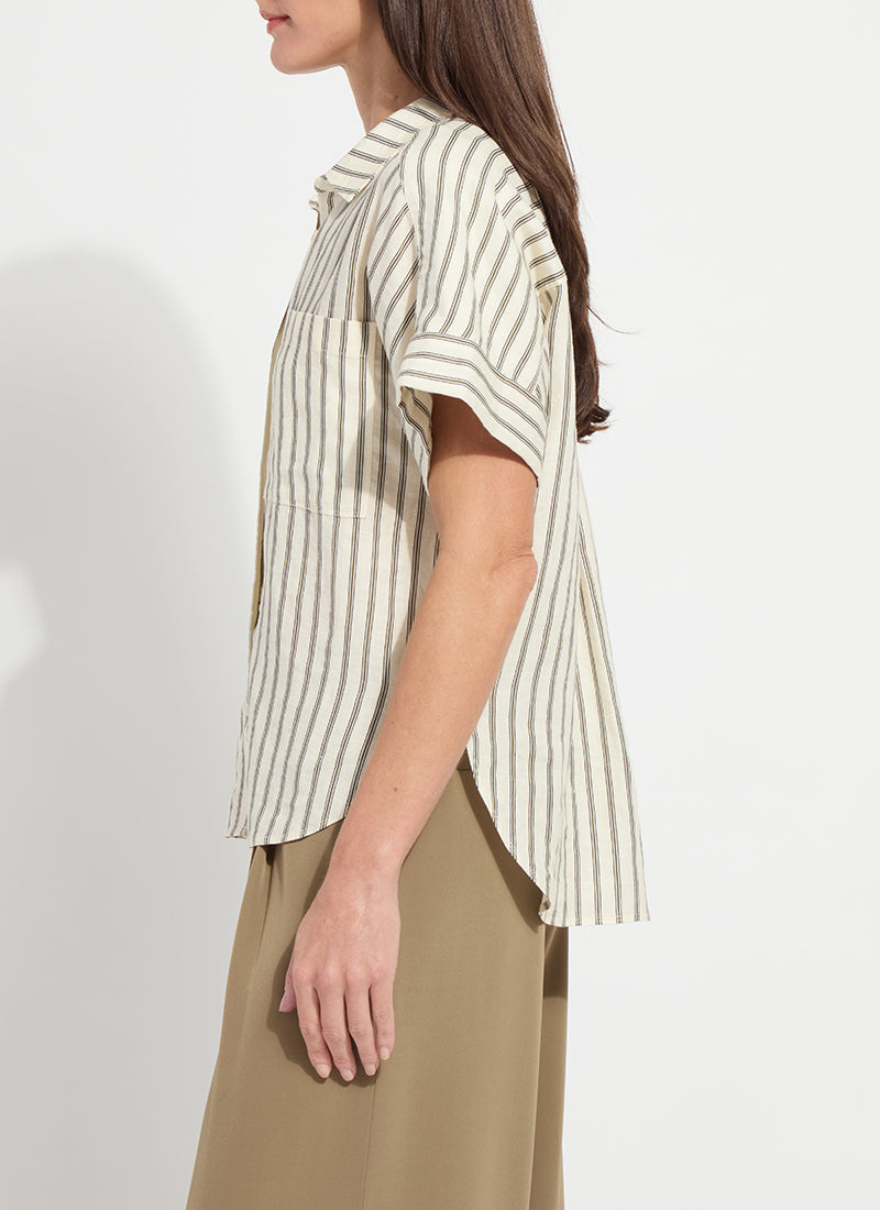 Lysse Adley Linen Boxy Shirt Olive Grove Stripe