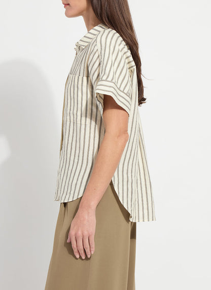 Lysse Adley Linen Boxy Shirt Olive Grove Stripe