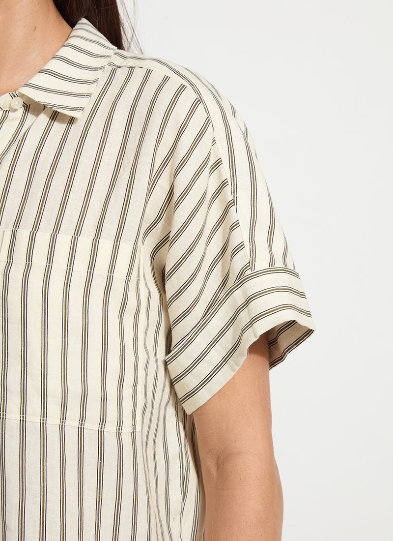 Lysse Adley Linen Boxy Shirt Olive Grove Stripe