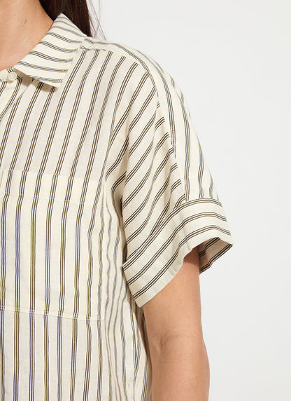 Lysse Adley Linen Boxy Shirt Olive Grove Stripe