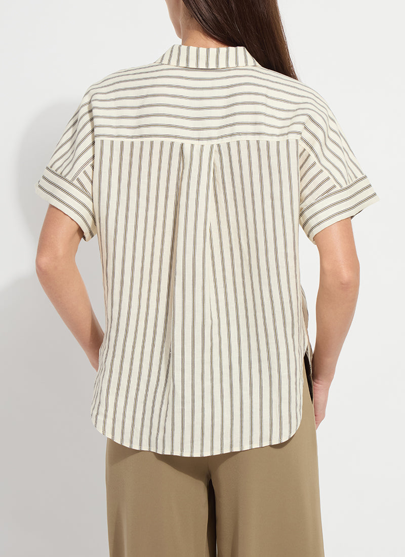 Lysse Adley Linen Boxy Shirt Olive Grove Stripe