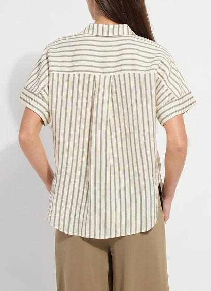 Lysse Adley Linen Boxy Shirt Olive Grove Stripe