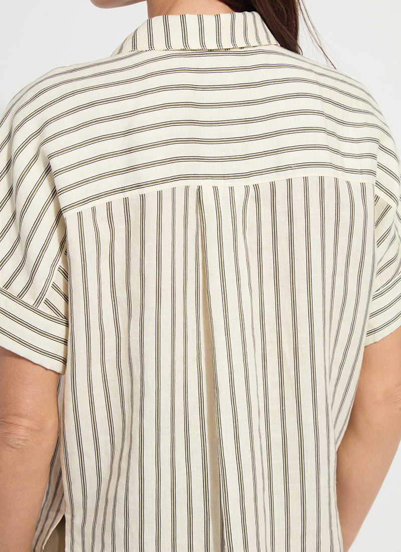 Lysse Adley Linen Boxy Shirt Olive Grove Stripe