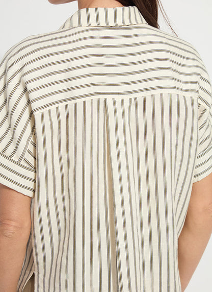 Lysse Adley Linen Boxy Shirt Olive Grove Stripe