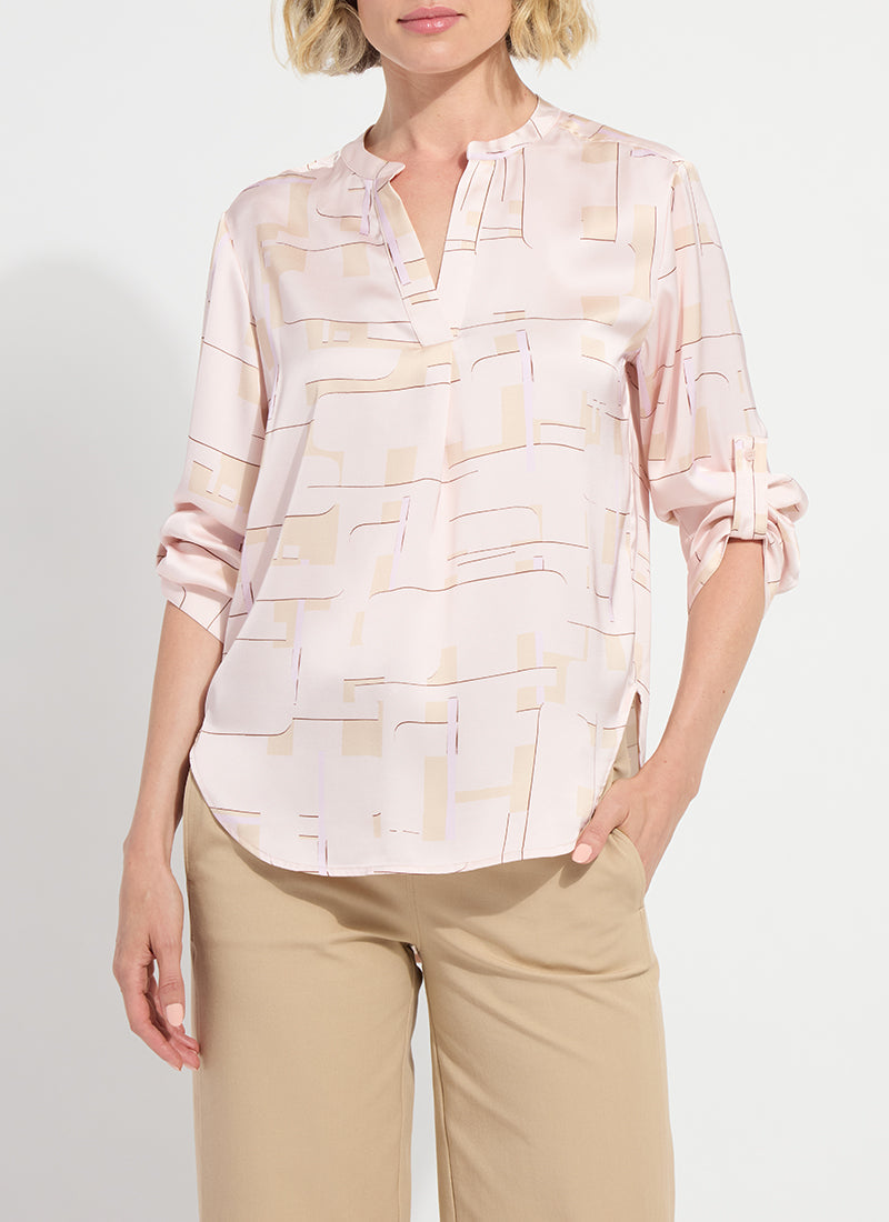 Lysse Ashanti Roll Tab Printed V Neck Shirt Barely Geo