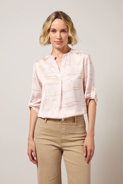 Lysse Ashanti Roll Tab Printed V Neck Shirt Barely Geo