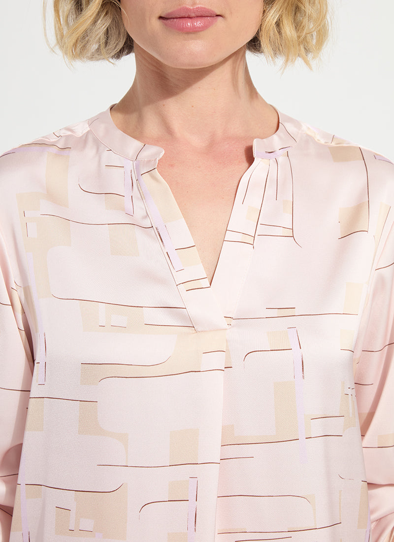 Lysse Ashanti Roll Tab Printed V Neck Shirt Barely Geo